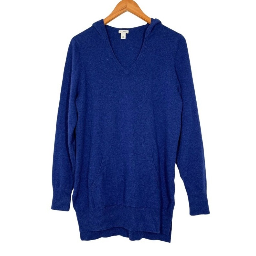 LL Bean Womens Blue 100% Cashmere V-Neck Hooded Sweater Tunic Large Sustainable